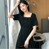Women Soft Purple Popular Summer Minimalist Female Midi Maxi Retro High Waist Skinny Square Collar Chiffon Pleated