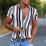 Mens Shirt Summer Streetwear Casual Short Sleeve Turn-down Collar Button Shirts Men Vintage Striped Print Cardigan