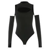 Fashion Women’s Long-sleeved Bodysuit Solid Color Hollow Off-shoulder Half High Collar