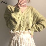 Women Elegant Spring Hollow Out Chic Long Sleeve Loose V-neck Feminine Tender Green White Street Outerwear Cozy New