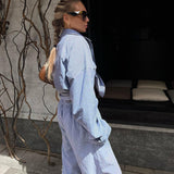 Zingj New Blue Striped Lapel Shirt Long Sleeve Wide Leg Pants Suit Loose Fashion Women's Wear-Outfit
