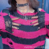 Zingj Hole Hollow Out In The Long Sweater Female Stripe Loose Color Dark Versatile Knit Niche Punk-Outfit
