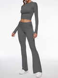 Long Sleeve Cropped Top Fold-over Flare Pants Set-Outfit