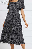 Dress Women Short Sleeve High Waist Floral Print Midi Dress Casual Elegant Square Collar Holiday Beach