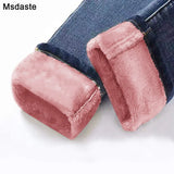 Jeans Pants For Women Plus Size Winter Blue Light blue Solid Skinny Fleeces Thick Pencil Pants with Velvet Denim