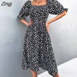 Leopard Print Dress Women Summer Dress 2022 New Vintage Square Neck Short Puff Sleeves Large Hem Chic Midi A-line