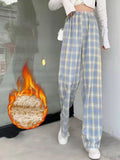Fashion Warm Plush Pants Thick Plaid Women Casual Loose Wide Leg Trousers Korean Streetwear Straight Student Pants New
