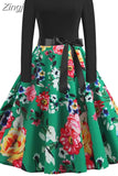 Christmas Dresses Women 50S 60S Vintage Robe Swing Pinup Elegant Party Dress Long Sleeve Casual Print