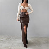 Zingj Women's Wear 2024 Leather Design Sense Open Fork Solid Color High Waist Simple Leather Slim Body