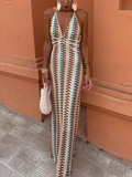 Contrast Embroidery Lace Up Halter Long Dress Women Sexy V Neck Backless Off Shoulder Robe 2024 New Lady Holiday