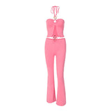 Y2K Vintage Slit Hem Halter Tops and Cut Out Low Waist Long Pants Suits 90s Sexy Solid Bandage 2 Piece Co-ord Sets