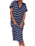 Zingj Summer Dress Women's V-Neck Stripe Low Slit Lapel Long Sweater Even-Outfit