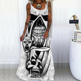 Vintage Punk Skull Print Party Dress Women Elegant O-Neck Sleeveless Sling Long Beach Casual Loose Long Summer