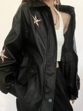 Star Patchwork Pu Leather Jacket-Outfit