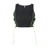 Neon Thread Tie Up Sleeveless Tank Tops Tees Harajuku Punk Black Crop Top Women Casual Fitness Workout Croptop