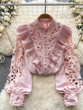 French Style Casual Embroidery Blouse Women Long Sleeves Pearl Shirt Fashion Ruffles Cotton Hollow Out Loose