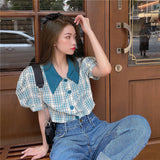 Korean Style Vintage Plaid Shirt Summer Harajuku Tunic Puff Sleeve Top Girls Kawaii Beautiful Green Chic Women