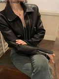 Black Cropped Leather Jacket Women Streetwear Zipper Moto Leather Jacket High Street Vintage Soft Faux Leather Coats