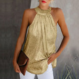 Gold Blouse 2020 New Fashion High Neck Sleeveless Hatler Tank Top Vest Summer Casual Loose Blouse Shirt