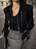 Cropped Leather Jacket Women Streetwear Moto Biker Zipper Leather Jacket Punk Winter Irregular Faux Fur Aviator Coat