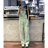 Green Denim Overalls Pant for Women Y2k Streetwear Baggy Pocket Jeans Straight Bib Denim Rompers Trousers Korean