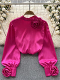 French Senior Satin Loose Shirt Women Elegant Long Sleeve 3D Flower Spring Top Fashion Single Breasted Solid OL