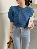 Kitty 2022 Summer Retro All Match Argyle Women Jumpers Pullovers Casual Chic Half Sleeves New Sweet Knitted