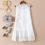 Floral Embroidery Hollow Out Lace Crochet Ruffles Dress 2020 Summer Women 's Sleeveless O-neck A-Line Mini Vest