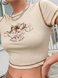 Women's Stylish Angel Letter Printed T-Shirt Short Sleeve Round Neck Contrast Stitch Slim Fit Wild Casual Crop Tops for