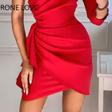 Women Solid Elegant One Shoulder Long Sleeves Small Silt Ruffle Hem Formal Party Red