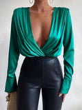 Spring Autumn Women Deep V-neck Patchwork Bodysuit Sexy Elegant Ladies Long Sleeve Skinny Blouse Jumpsuit Overalls