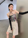 High Waisted Shorts Women Summer Clothes Beige Bottoms Loose Wide Leg Shorts Cut Out Heart Korean Fashion