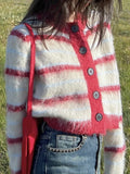 Zingj New Fall 2023 Dopamine Korean Version Loose Soft Waxy Medium And Short Stripe Contrast Color Long Sleeve Knit Sweater Cardigan-Outfit