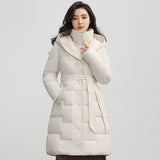 Over The Knee Cotton Clothes In The Long Winter New Fashion Waist Belt Show Thin Warm Coat Temperament Solid Color Cold Clothing-Outfit