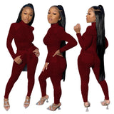 New Spring Women Sets Turtleneck Full Sleeve Mesh Bodysuit + Pants Suit 2 Piece Set Lace Sexy Night Club Tracksuits