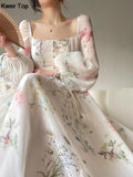 Elegant Floral Party Dress Romantic One Piece Fairy Beach Dresses Woman Lantern Sleeve Evening Prom Vestidos 2024