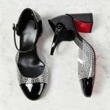 2025 New Red-Soled British Round Head Drill Lide One Word With Buckle Hollow Female Rough High Heel Mary Jane Single