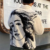 Men Autumn Fashion Back Face Print Fleece Coats Top Mens Casual Lapel Button Woolen Outerwear 2022 New Winter Warm Wool