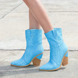Faux Leather Cowboy Ankle Boots for Women Wedge High Heel Boots Snake Print Western Cowgirl Boots Silver Gold White