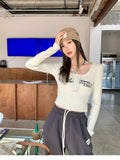 Grunge Tee Tops Retro Graffiti Print Elastic T Shirt Women Sexy Slim Crop Top Ribbed Long Sleeve O-neck Tops Korean
