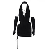 Mall Goth Y2k Bandage Trim Cut Out Black Co-ord Suit Sexy Clubwear Deep V Halter Bodysuits Ruched Mini Skirt 2 Piece
