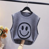 smiley jacquard round neck sleeveless knitted vest loose sweater Korean pullover blouse women casual