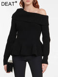 Fashion Women's Knitted Pullover Spliced Slash Neck Slim Solid Color Long Sleeve Ruffles Sweater Autumn 2023 New