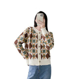 Impact Color Diamond Plaid Knitted Cardigan Women's Fashionable Sweater Round Collar Autumn And Winter Style Coat Bubble Long-Sleeved