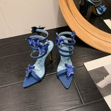 Sandals Women's Summer Heels Pointed Open-Toed Bows, Thin Heels, Serpentine Winding French