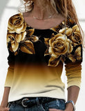 Long Digital Printing Sleeve Loose Neck Casual Pullover Print