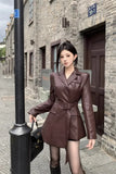 Sweet Hot Girl Versatile Leather Coat Women's Winter Long Sleeve Casual PU Leather Lace-up Trench Jacket Female