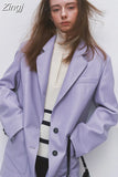 Spring Autumn Chic Purple Leather Blazer Women Long Sleeve Single Breasted Luxury Elegant Designer Clothes Jacket