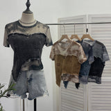 Real Shooting Of The Edge Of The Denim Splicing Tie Dye Mesh Repair Irregular Two Short-Sleeved Top T-Shirt