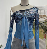 Hottie Sexy Leopard Print Mesh Fake Two Strap Long-Sleeved Top Short Slanted Shoulder T-Shirt